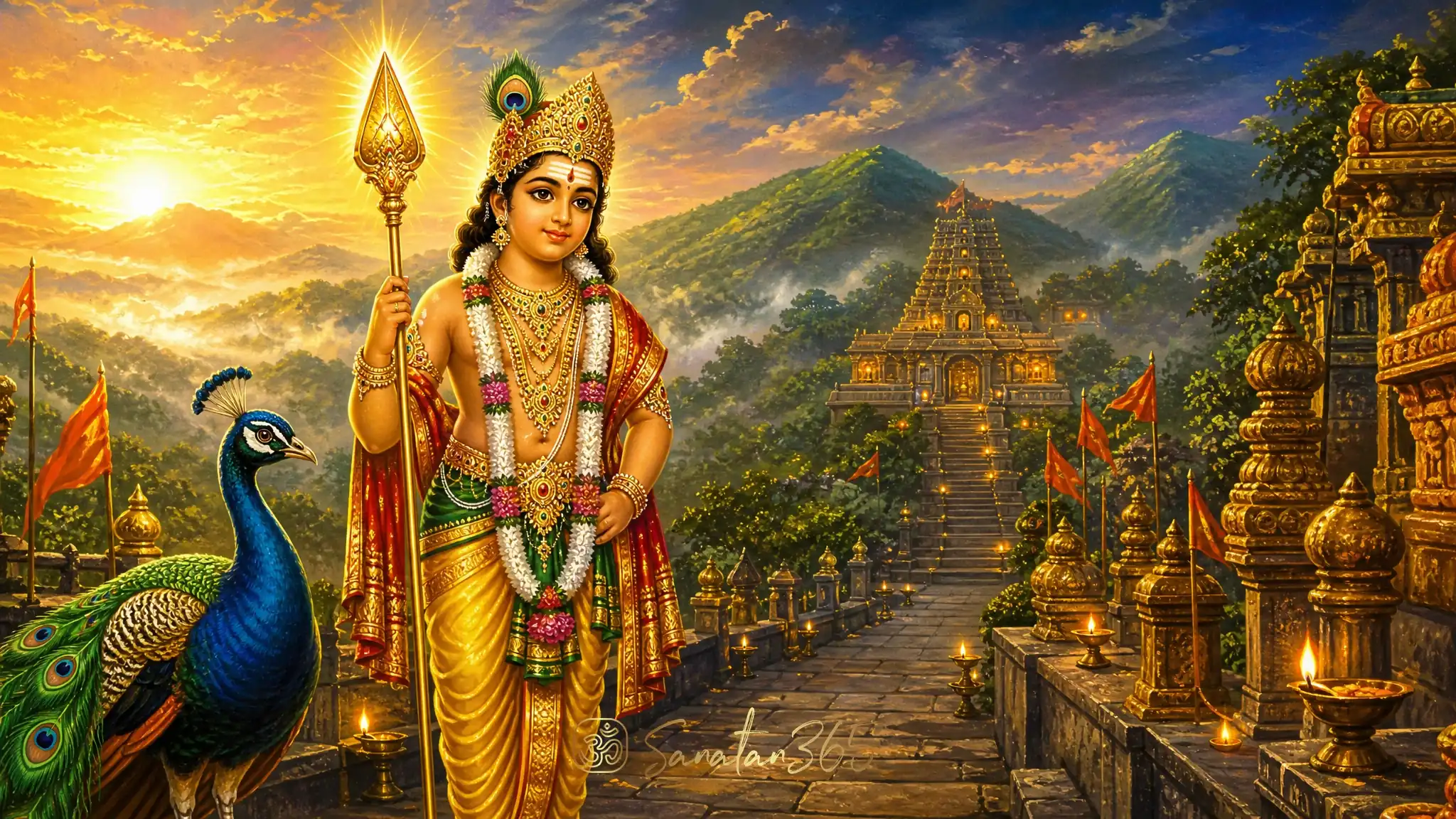 Lord Murugan holding the vel beside a peacock near a South Indian hill temple at dawn