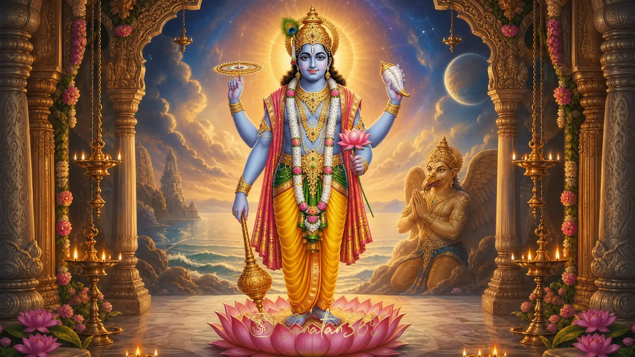 Painterly devotional image of Lord Vishnu holding shankha, chakra, gada, and padma in a serene temple setting.