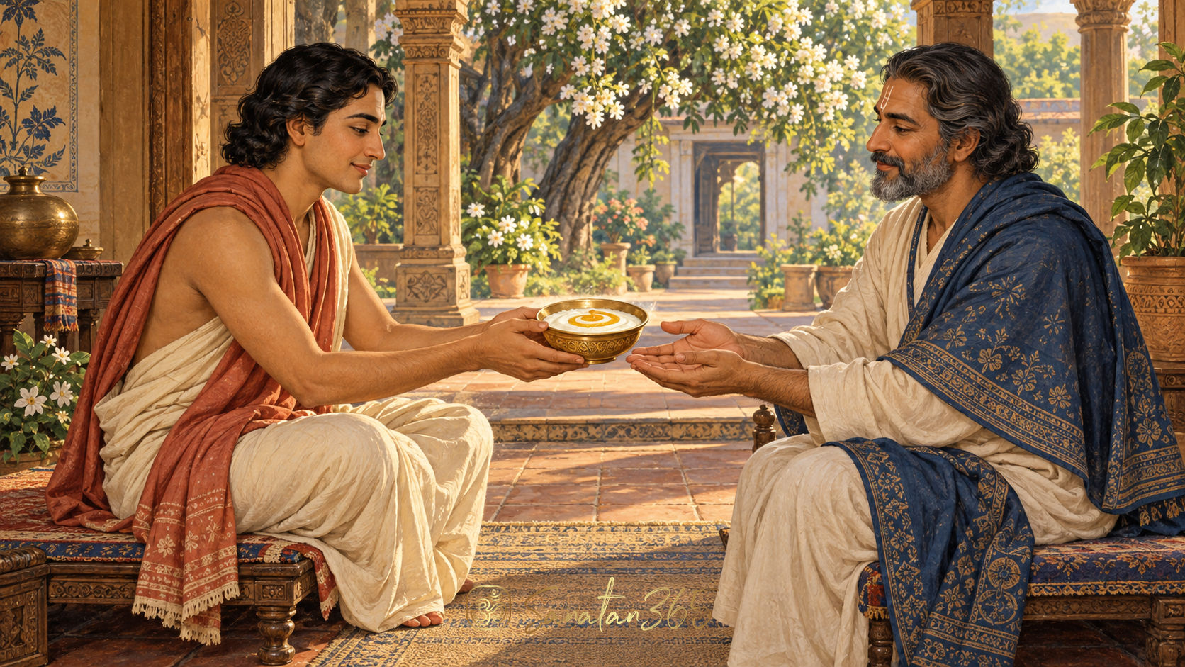 Painterly Indian courtyard scene of a host presenting a brass bowl of honey and curd to an honoured guest.