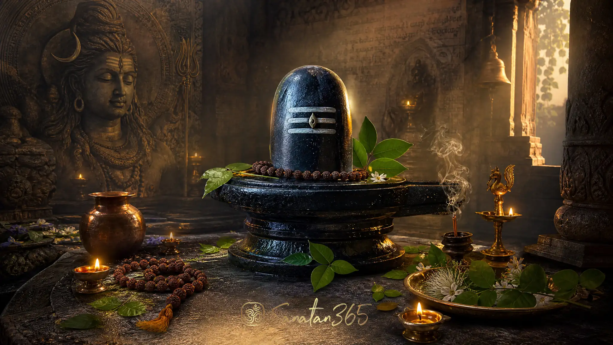 Shiva linga with rudraksha mala and temple lamps for an article on the Mahamrityunjaya Mantra meaning