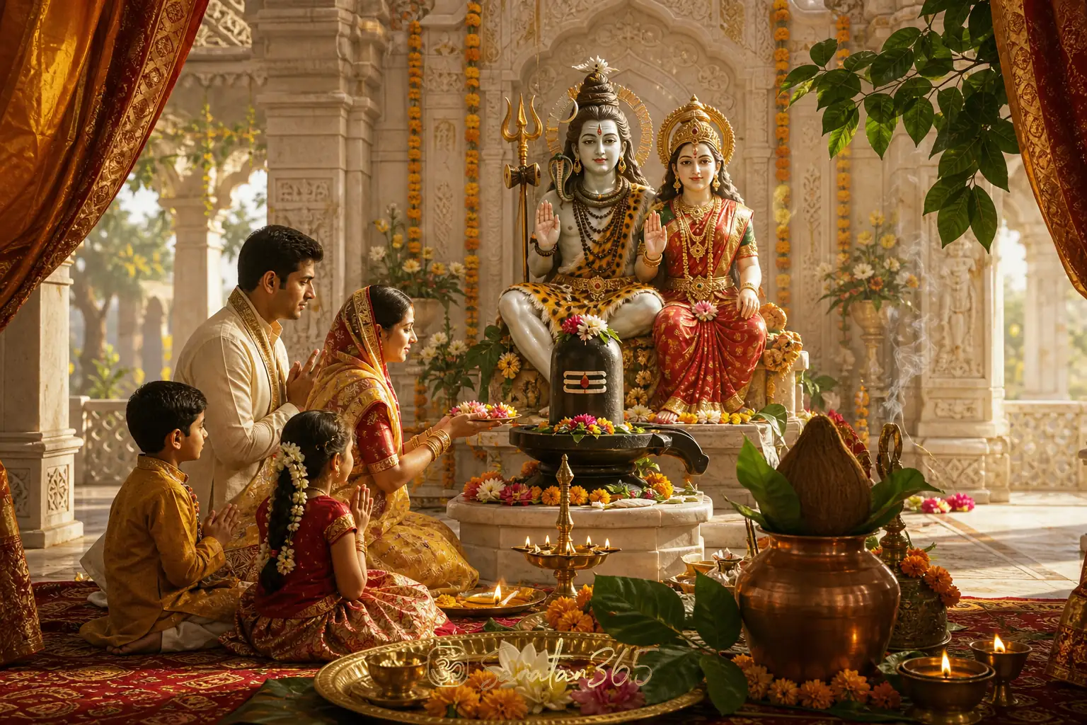Devotees offering flowers to Lord Shiva and Goddess Parvati for Mahesh Navami 2026