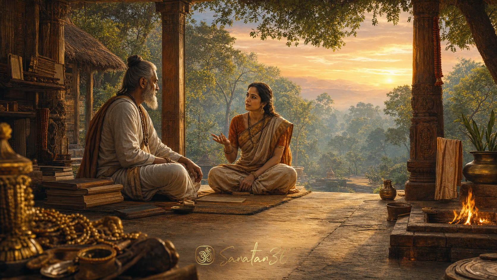 Painterly scene of Maitreyi questioning Yajnavalkya beside manuscripts as household wealth fades toward a luminous forest sky
