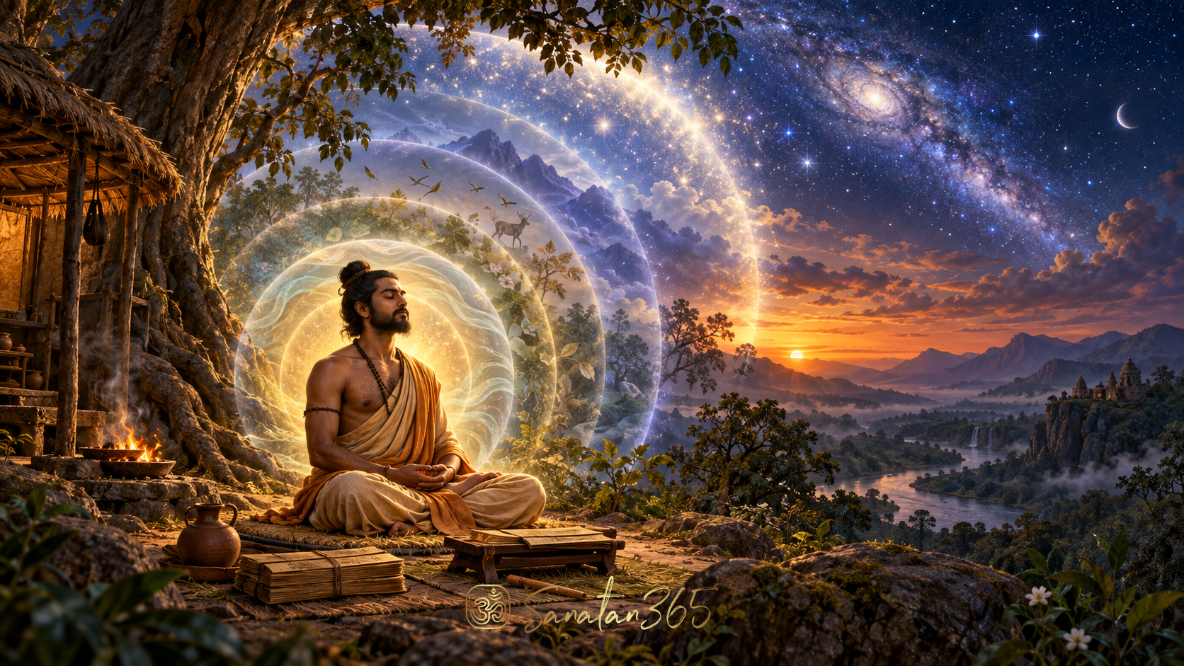 A seeker in an ancient forest hermitage surrounded by six subtle fields symbolising the Maitri Upanishad's sixfold yoga