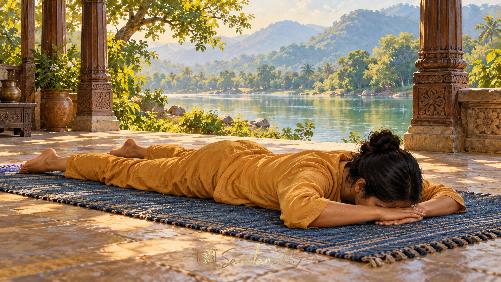 Painterly illustration of a practitioner resting face down in Makarasana with the forehead supported on stacked hands beside a quiet riverside veranda.