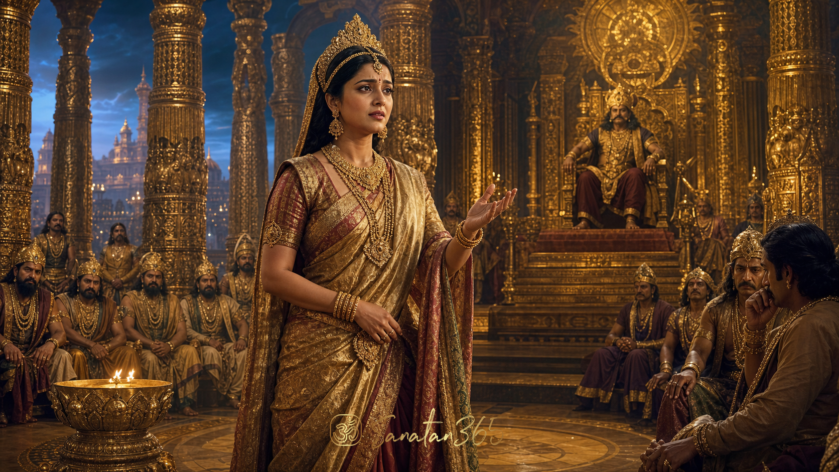 Queen Mandodari offering wise counsel in Ravana's golden court in Lanka