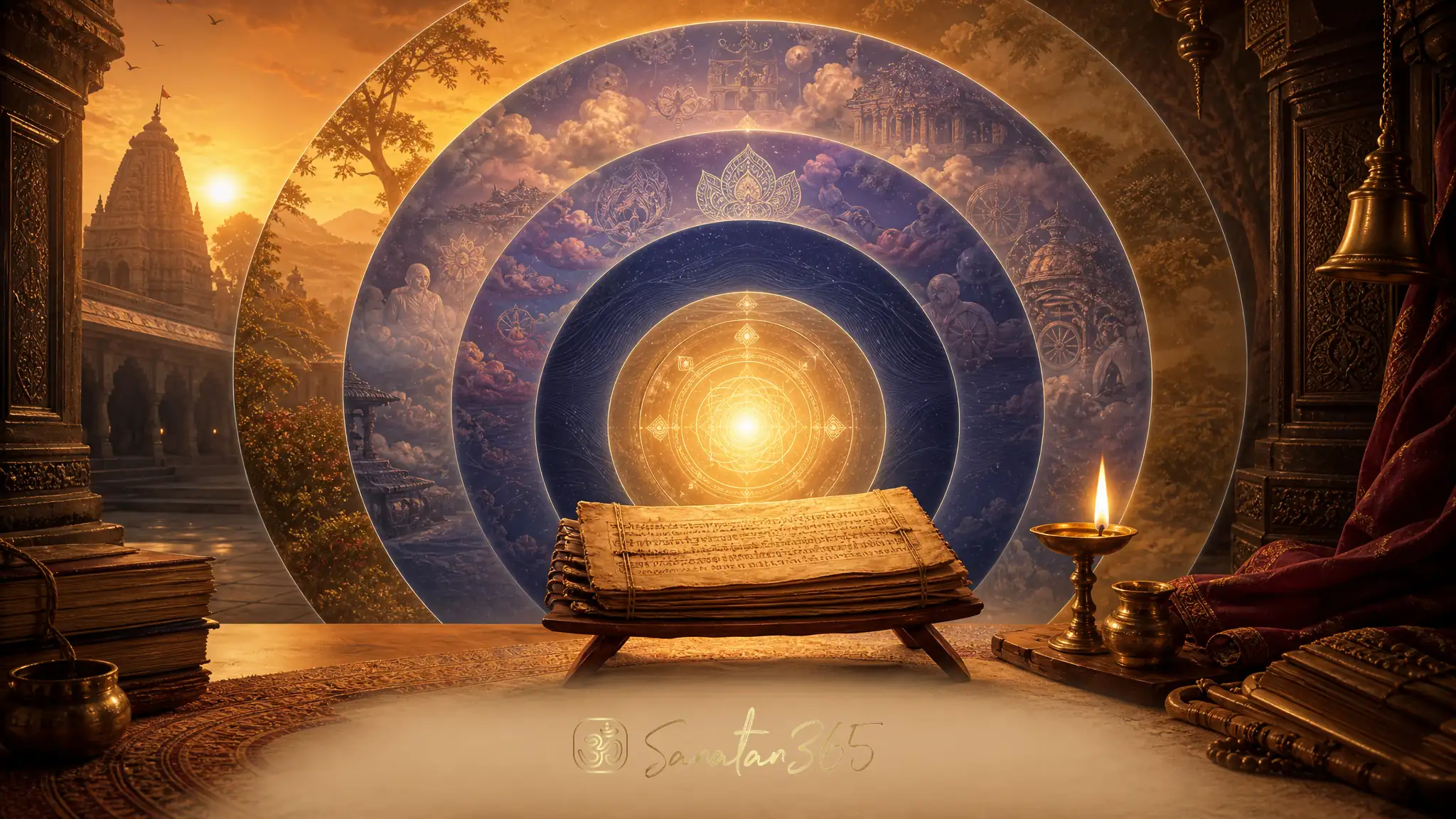 Mandukya Upanishad inspired devotional illustration with palm-leaf manuscript, diya, Om symbolism, and four states of consciousness