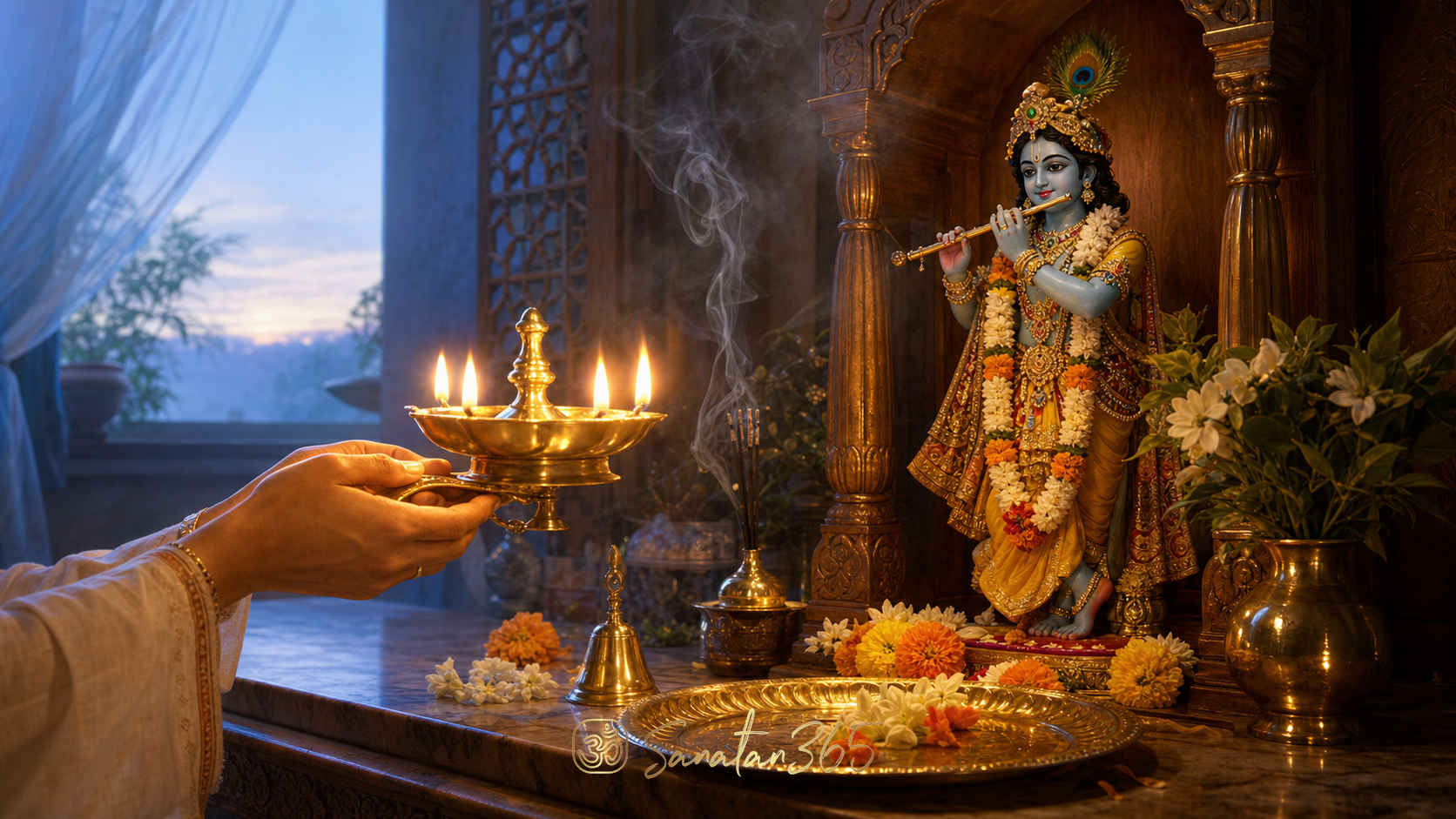 A brass lamp offered in Mangala Aarti before a Lord Krishna murti at a peaceful morning shrine