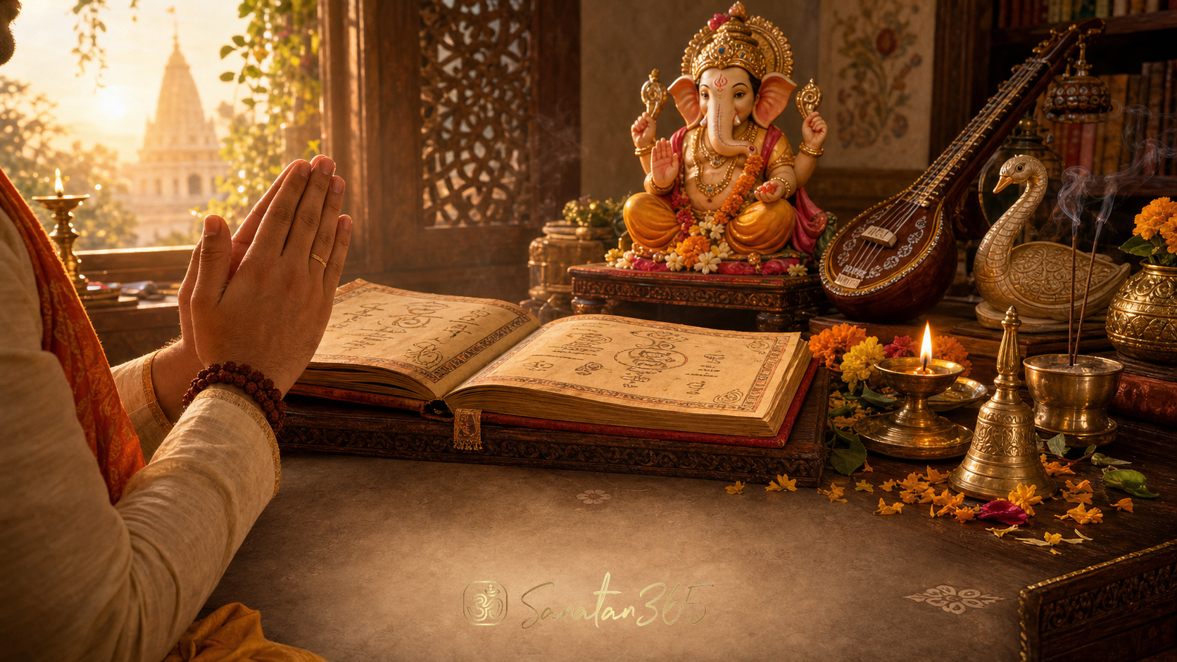 A Hindu prayer desk with lamp, manuscript, flowers, and a small Ganesha murti for Mangalacharan invocation
