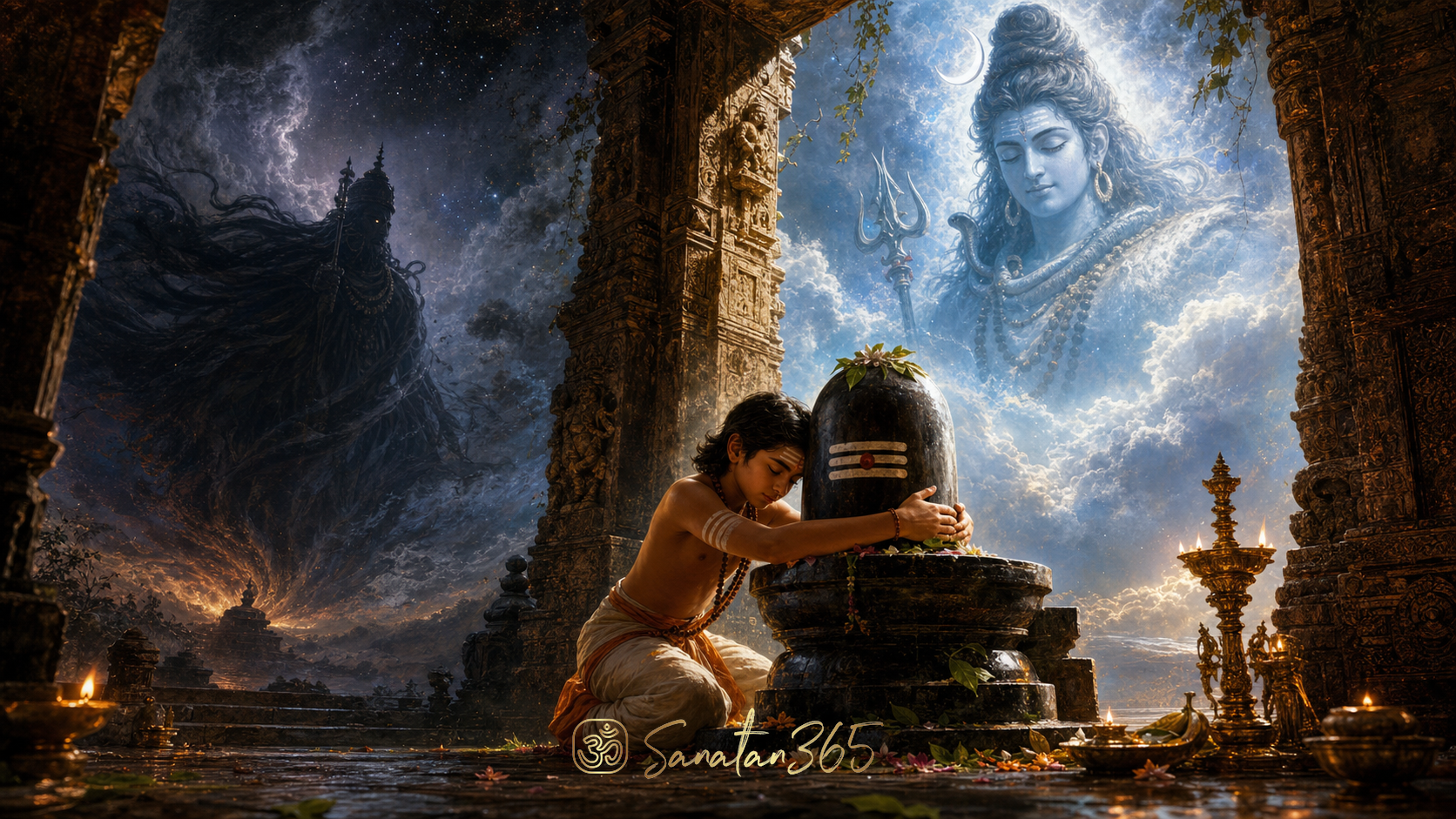 Young Sage Markandeya praying at a Shiva linga as Shiva's radiant grace protects him from the shadow of death