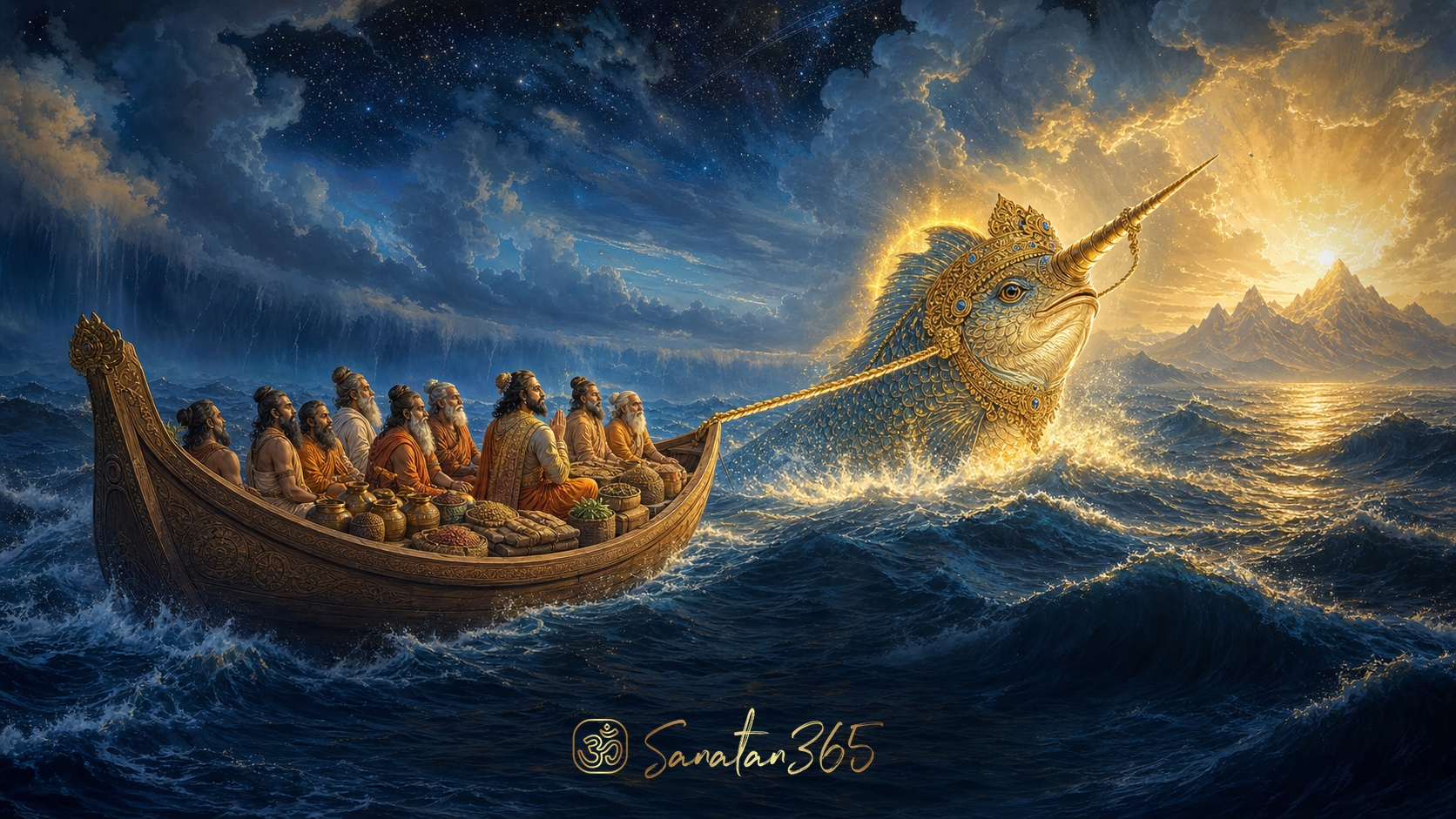 Matsya Avatar guiding Manu's boat of sages, seeds, and sacred knowledge through the great flood