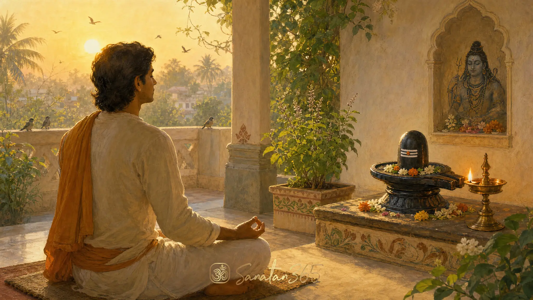 A contemplative seeker practicing mauna at dawn beside a Shiva linga, diya, and tulsi plant