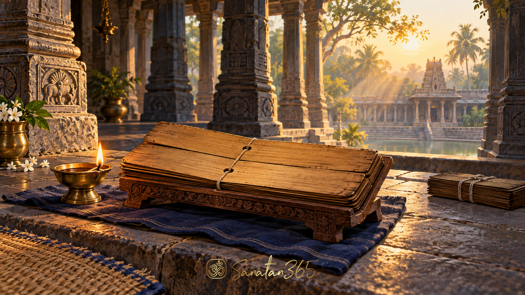 A palm-leaf manuscript and oil lamp illuminated by dawn light, evoking the prayer for understanding in Medha Suktam