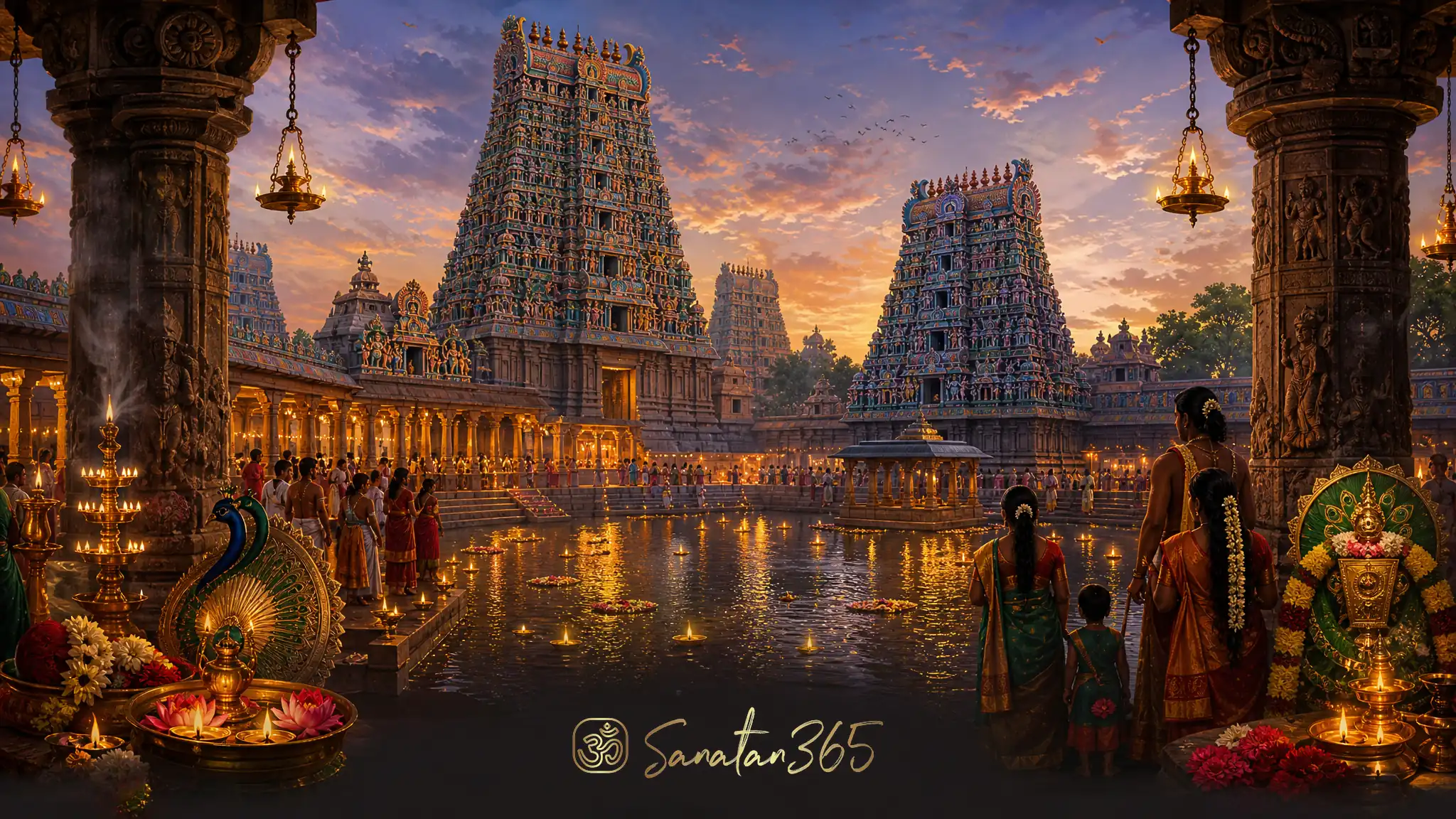 Painterly devotional view of Meenakshi Amman Temple in Madurai with colorful gopurams, sacred tank, and warm lamps