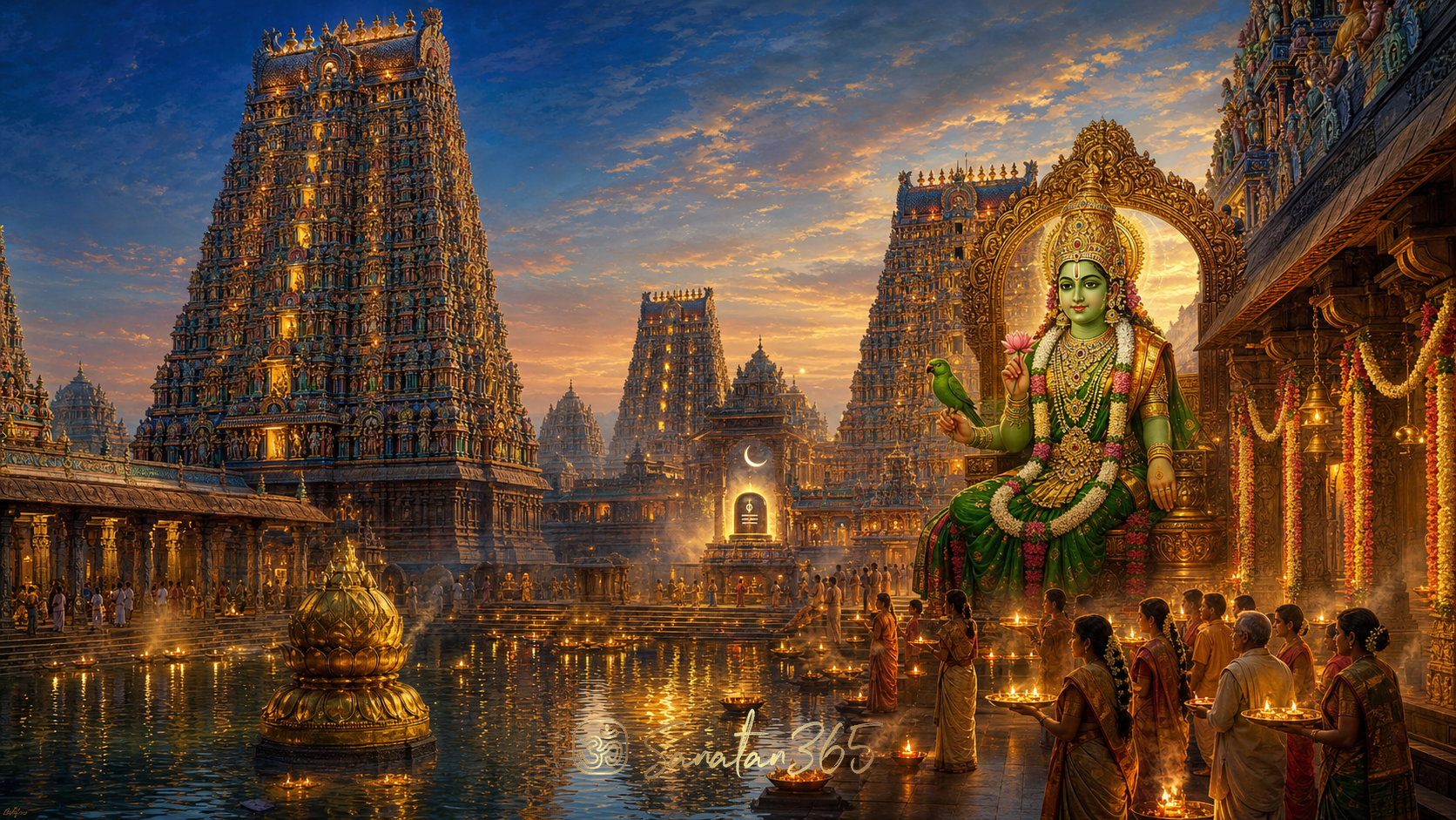 Painterly twilight view of Meenakshi Amman Temple in Madurai with Goddess Meenakshi, sacred towers, lamps, and the Golden Lotus Tank