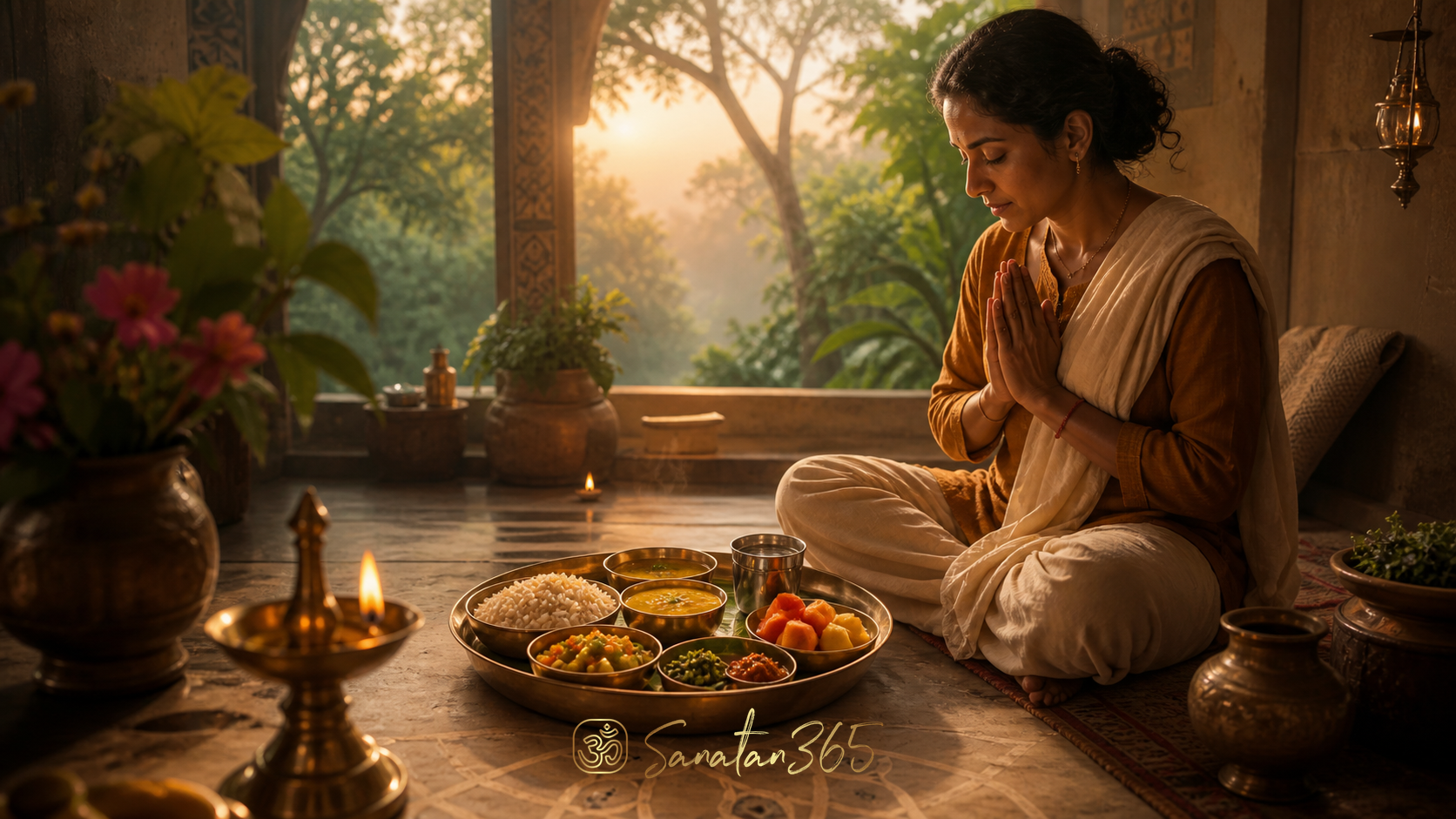 A contemplative practitioner pauses before a balanced Indian meal, symbolising mitahara and measured eating in yoga