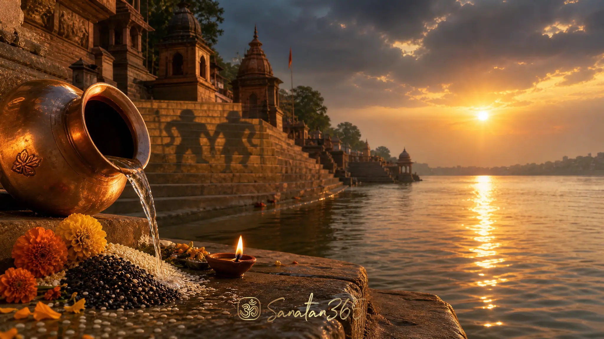 Golden sunrise over a river ghat with offerings for Surya worship on Mithuna Sankranti