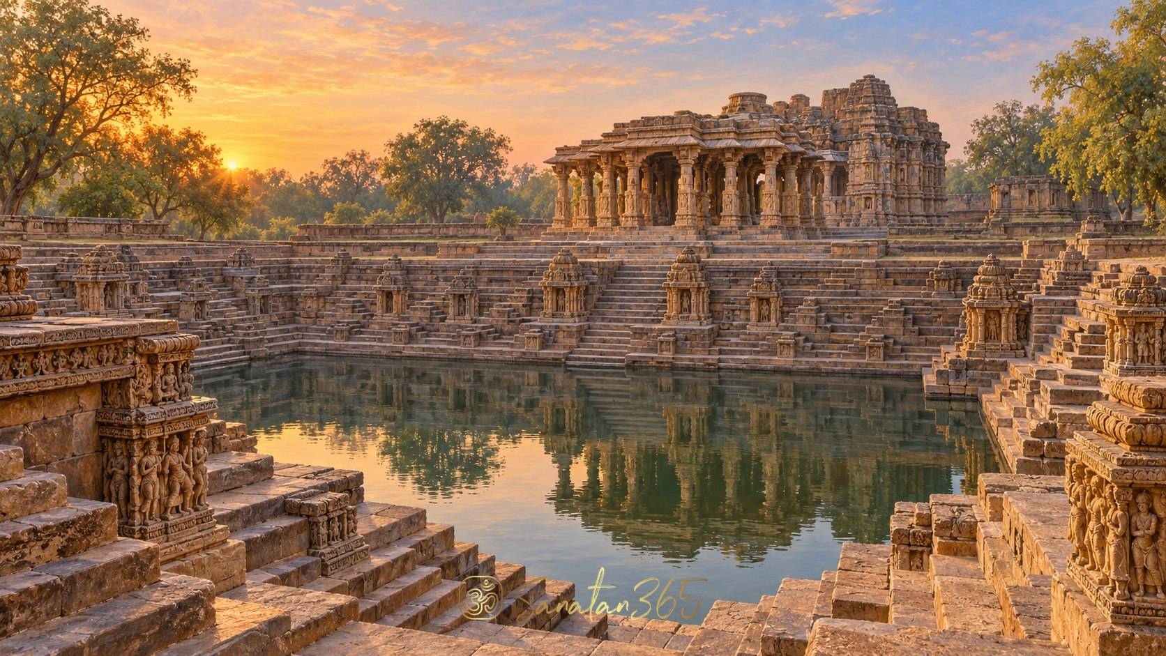 Dawn light over the stepped Surya Kund and carved halls of Modhera Sun Temple in Gujarat