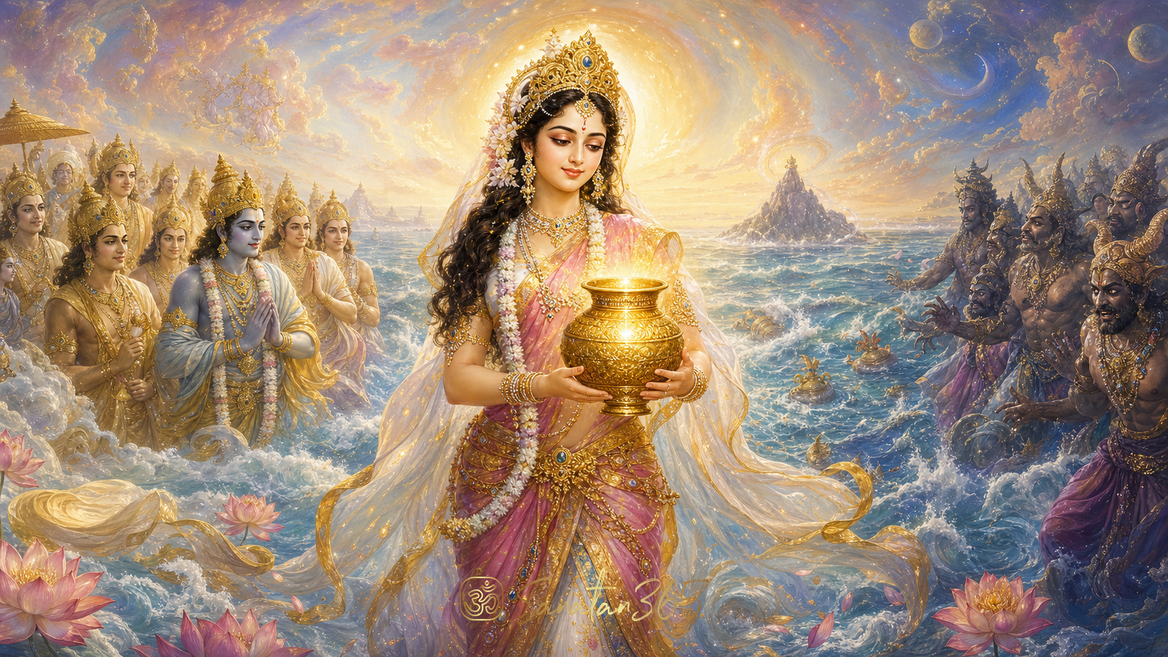 Painterly devotional scene of Mohini holding the amrita vessel beside the cosmic ocean as divine strategy restores balance