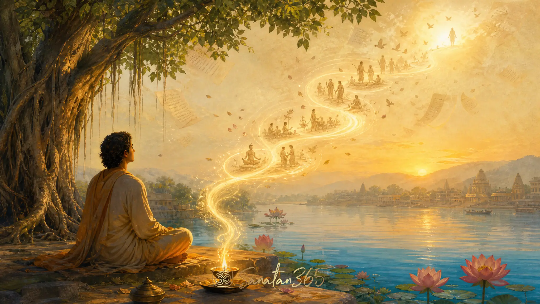 A contemplative seeker beside a river at dawn, symbolizing moksha as inner freedom in Hindu wisdom.