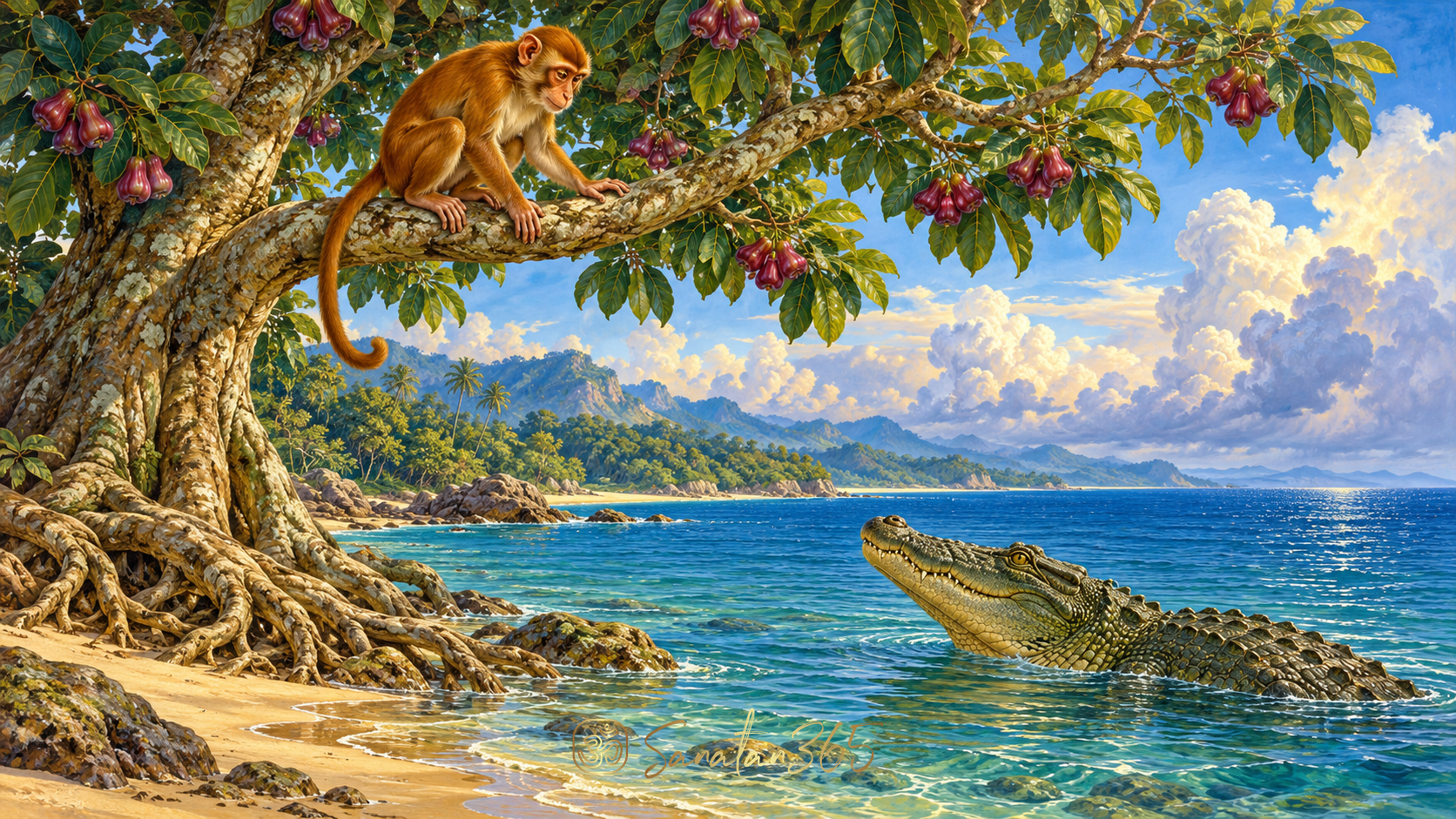 Painterly monkey in a rose-apple tree overlooking a crocodile at the shore, illustrating recovered safety and presence of mind.
