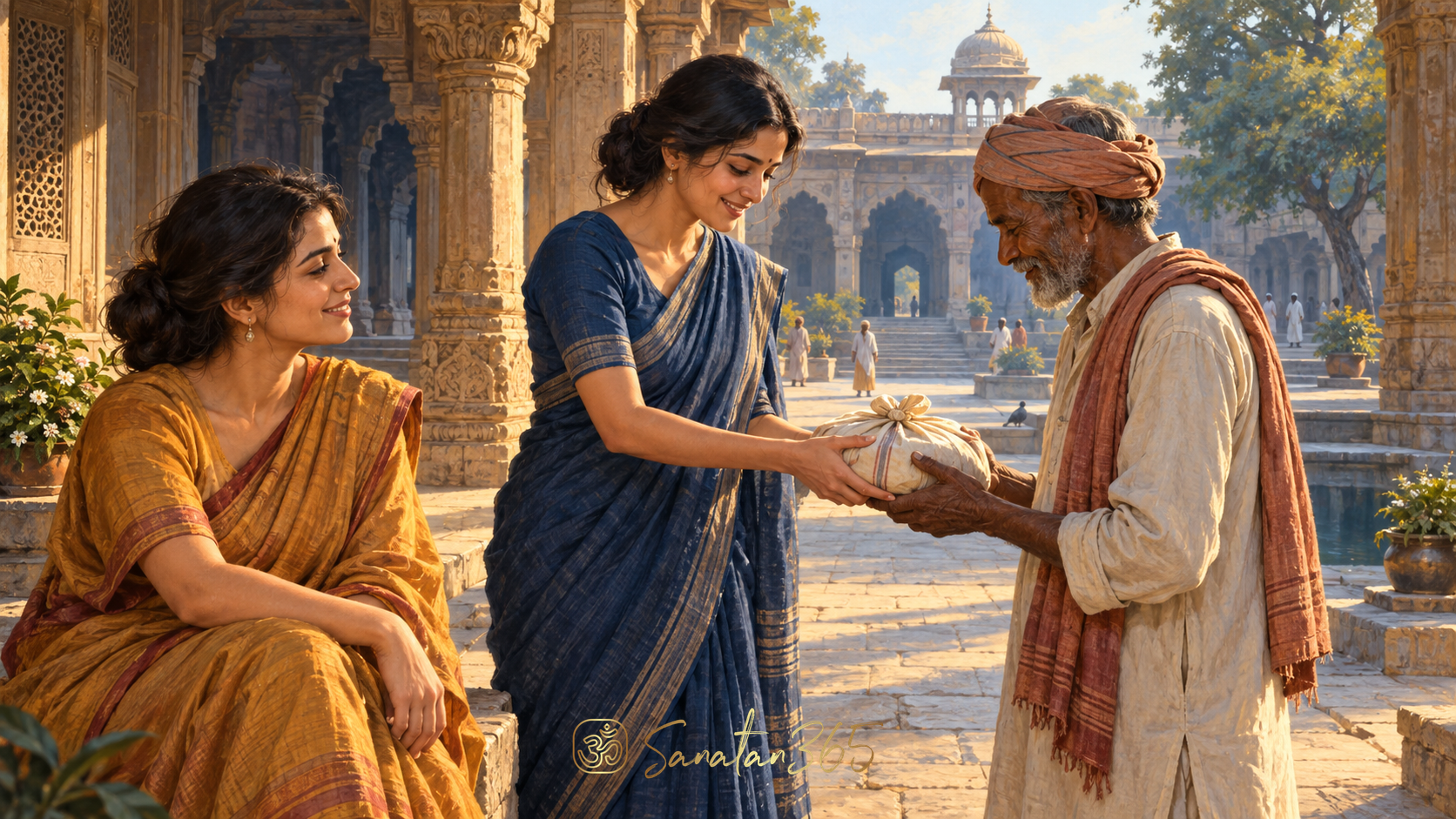 A witness smiles warmly at an act of generosity in a sunlit Indian courtyard, expressing mudita