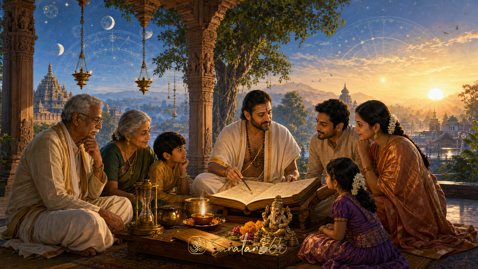 A Hindu family and jyotisha scholar study a Panchanga at dawn, symbolizing Muhurta and sacred timing.