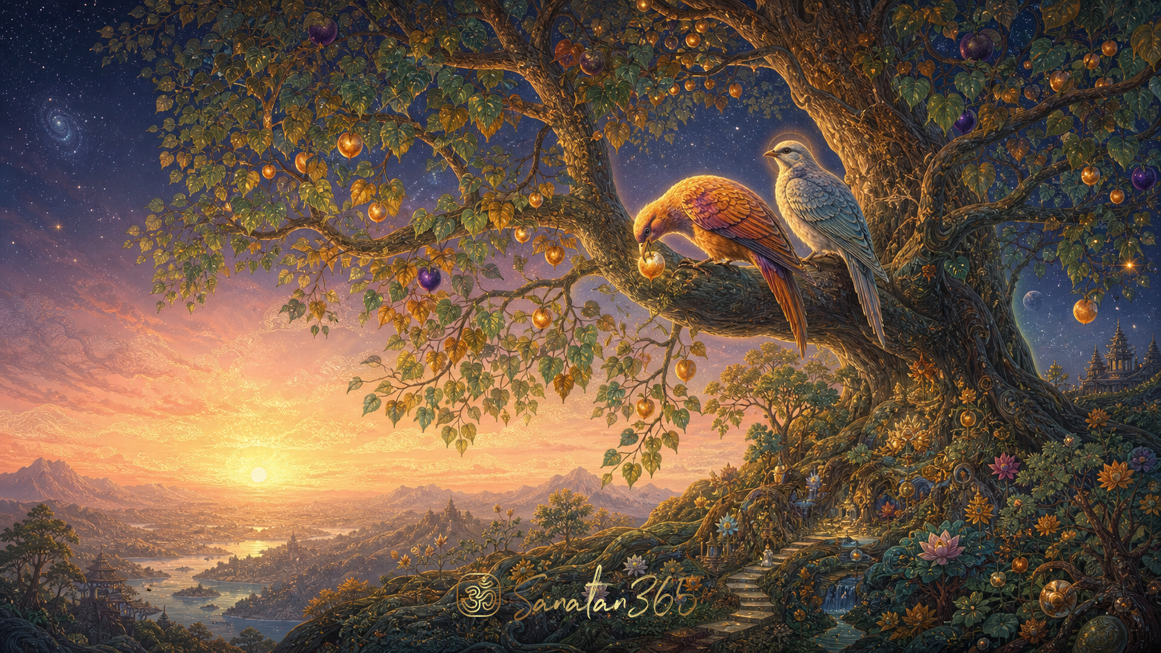 Two radiant birds on one sacred tree, symbolizing experience and witnessing awareness in the Mundaka Upanishad
