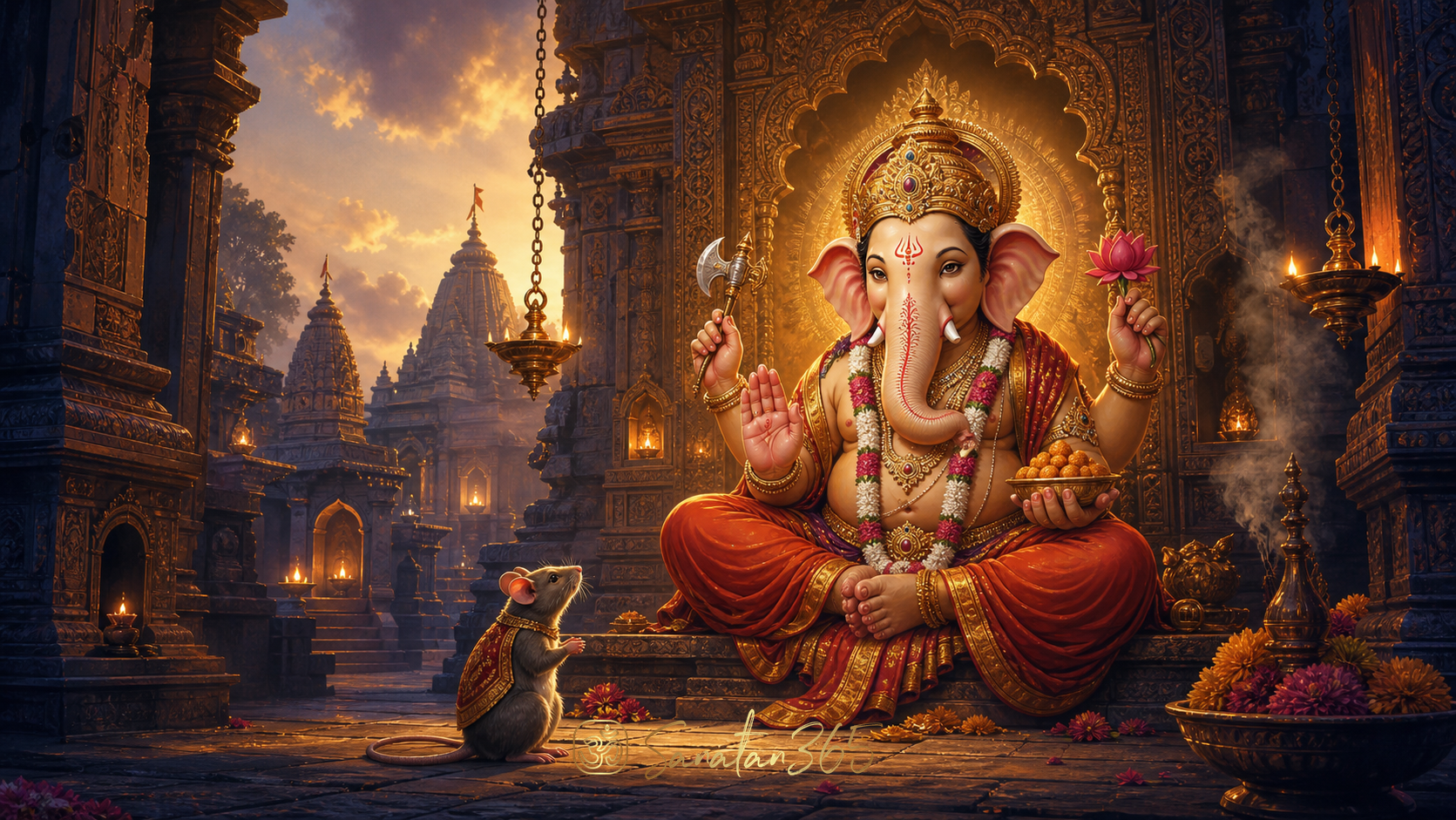 Lord Ganesha with Mushika, his mouse vehicle, in a luminous temple setting