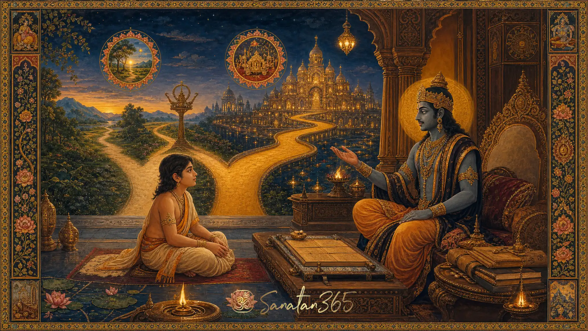 Nachiketa seated before Yama in a Rajput miniature-inspired scene showing the choice between Shreyas and Preyas