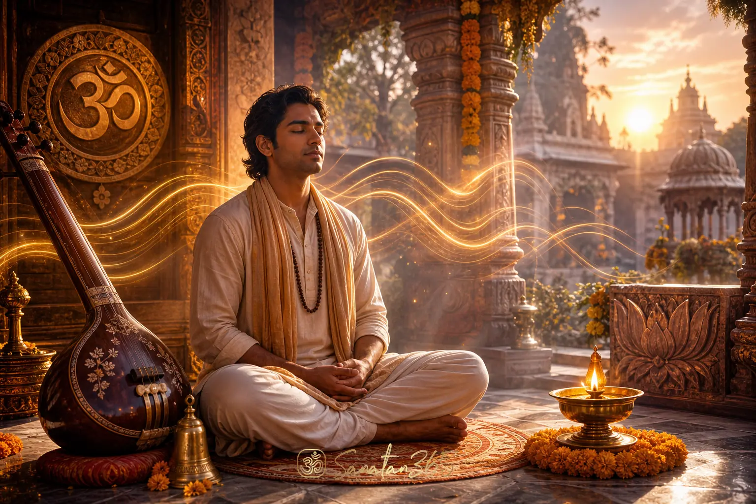 A meditator practicing Nada Yoga with a tanpura, bell, Om symbol, and golden sound waves in a temple courtyard