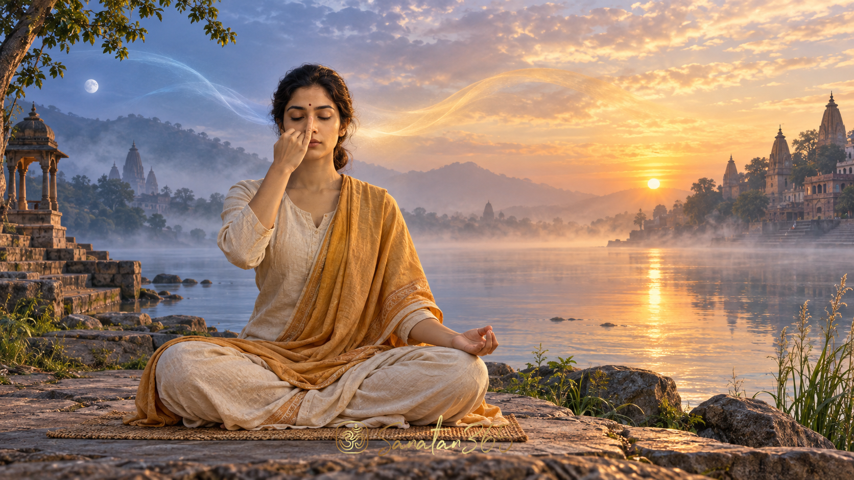 A practitioner seated at dawn by a river performing gentle alternate-nostril breathing as warm and cool light meet in stillness