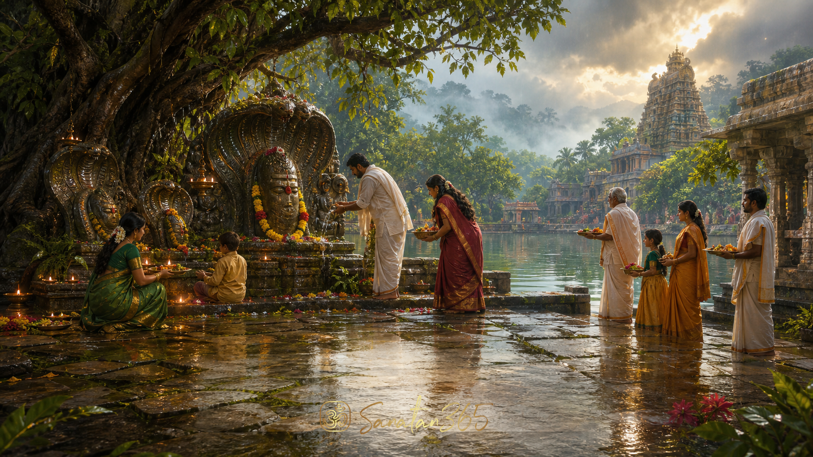 Devotees offering flowers and lamps at a carved naga shrine beside a monsoon temple tank for Nag Panchami