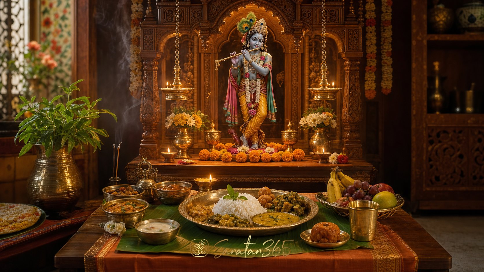 Traditional naivedya meal offered before a Lord Krishna murti in a warmly lit Hindu home shrine