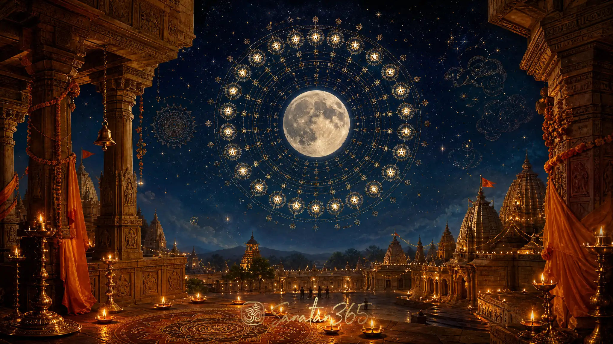 Moon above a temple courtyard with a circular map of 27 nakshatras in a reverent Hindu astrology illustration