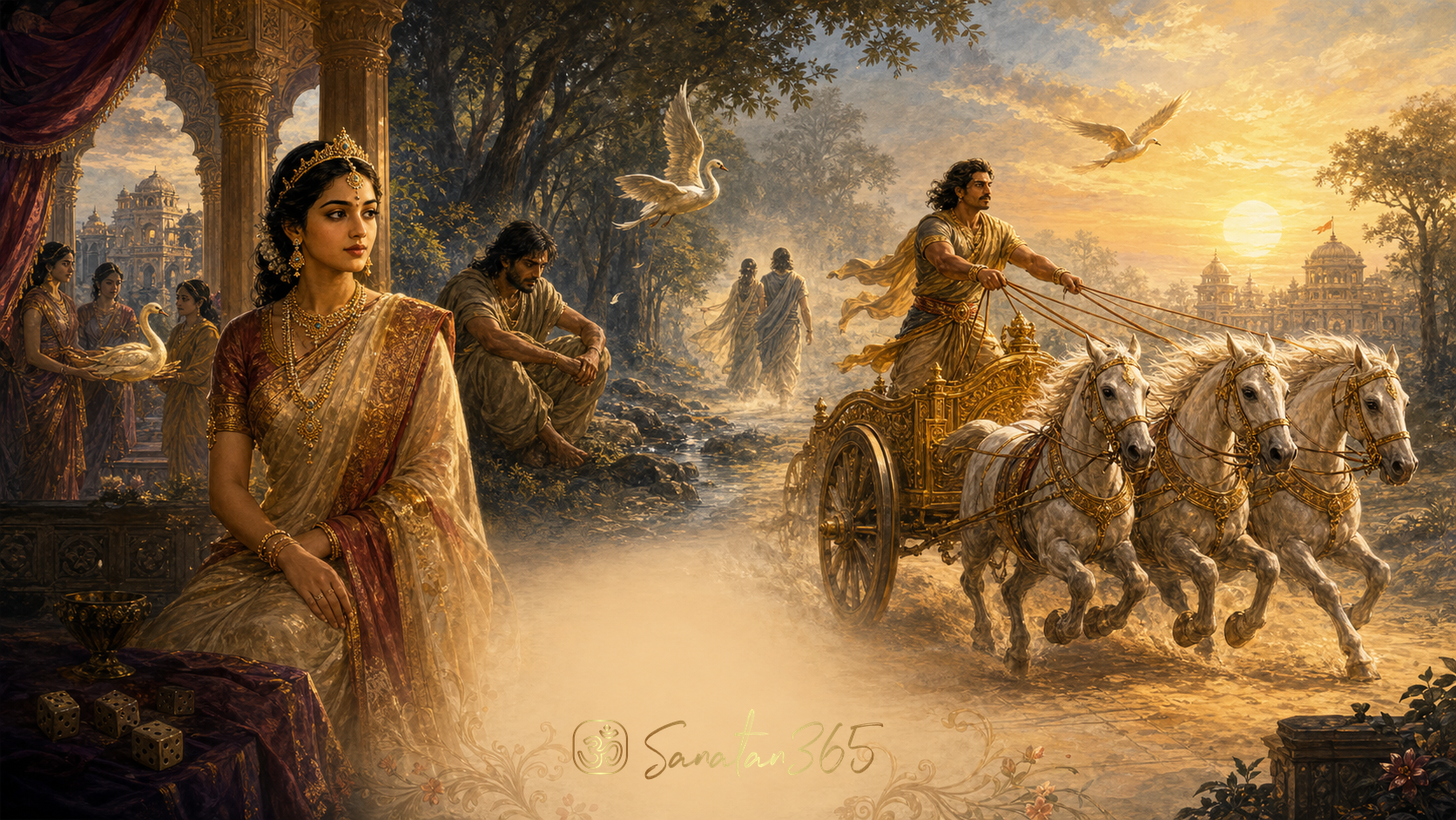 Painterly scene of Damayanti, Nala, a golden swan, forest exile, and a royal chariot