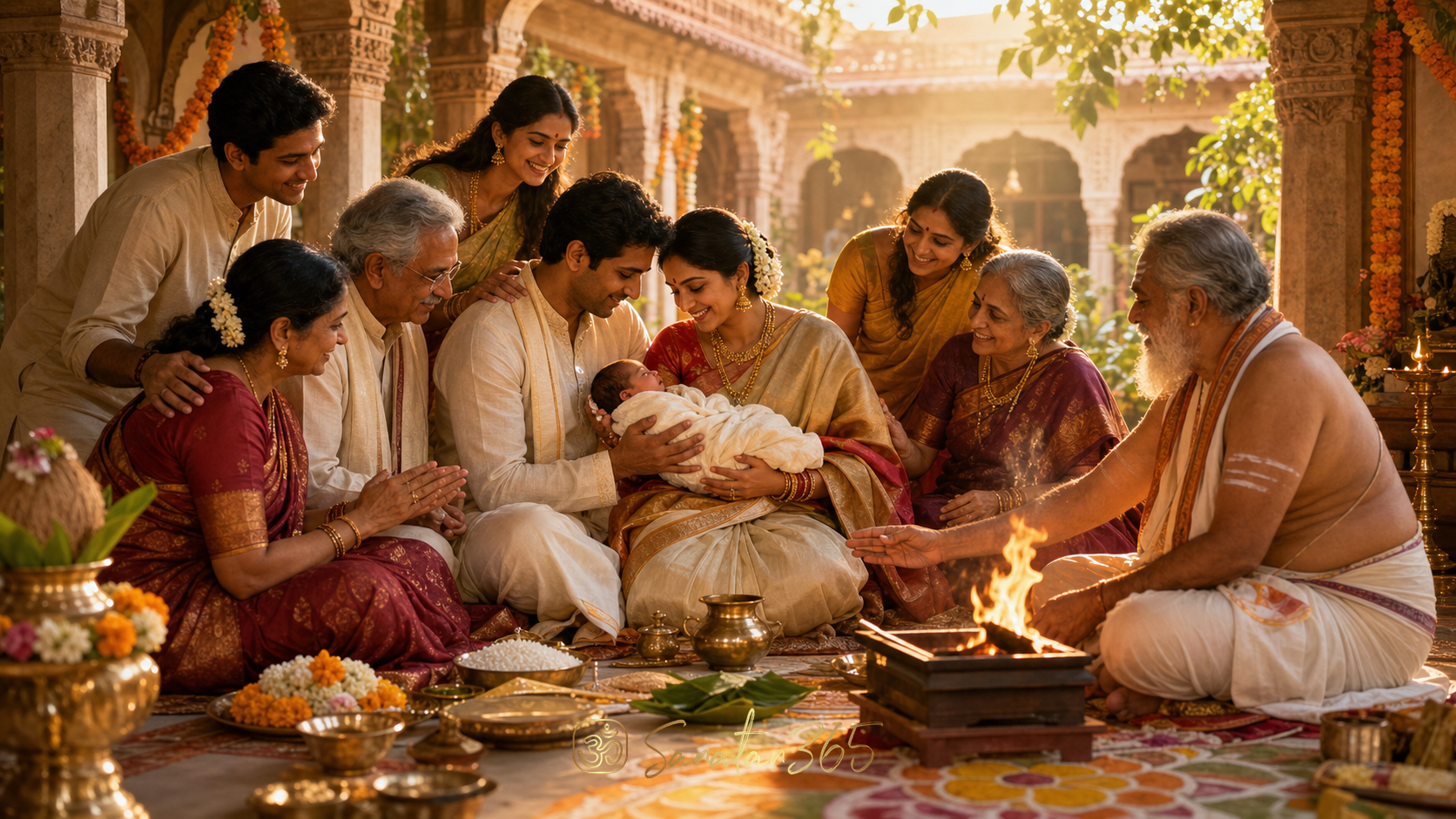 A Hindu family gathered around a newborn during a traditional Namakarana naming ceremony