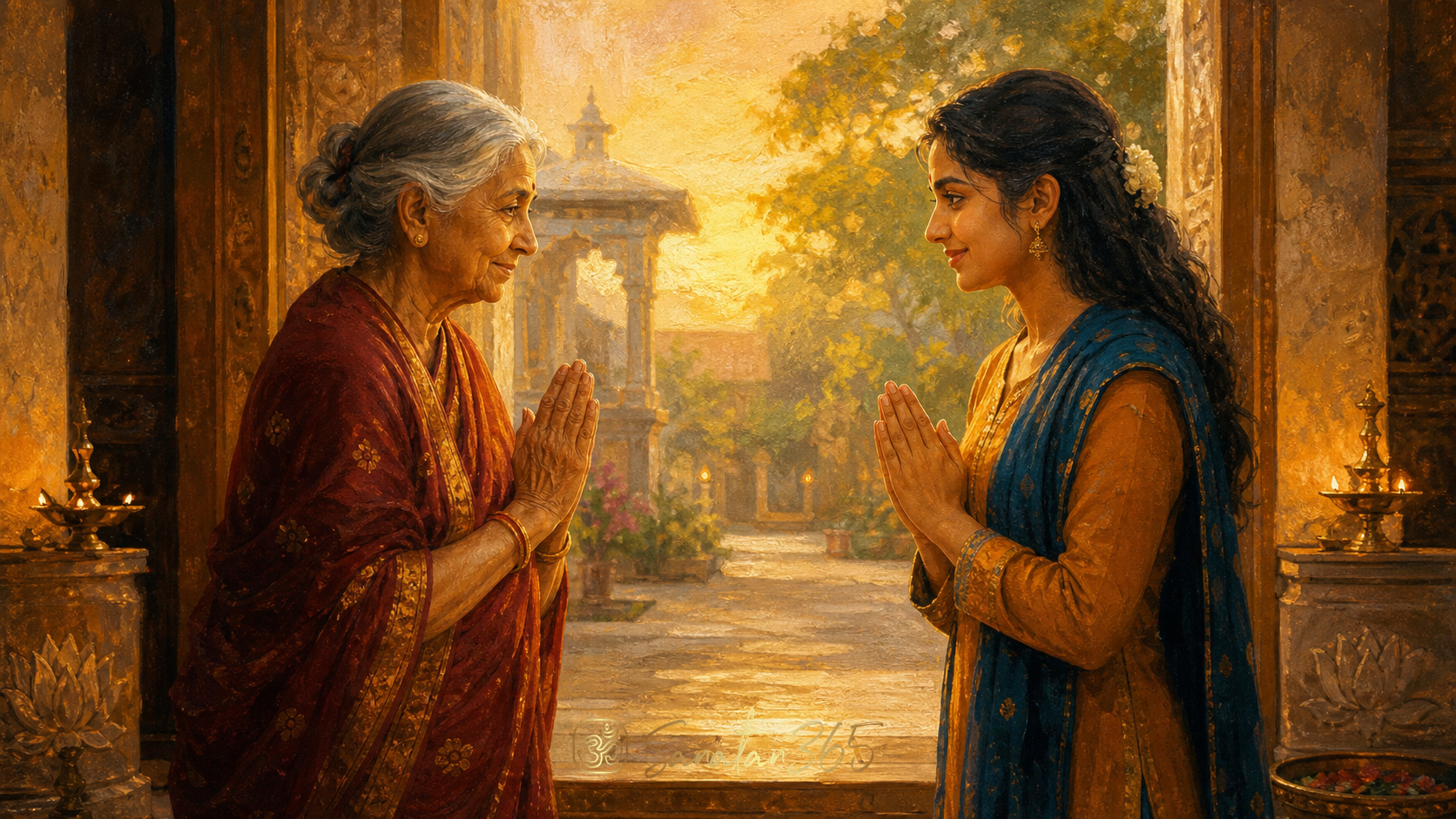 Two generations exchanging Namaste with joined palms in a warm Indian courtyard at dawn
