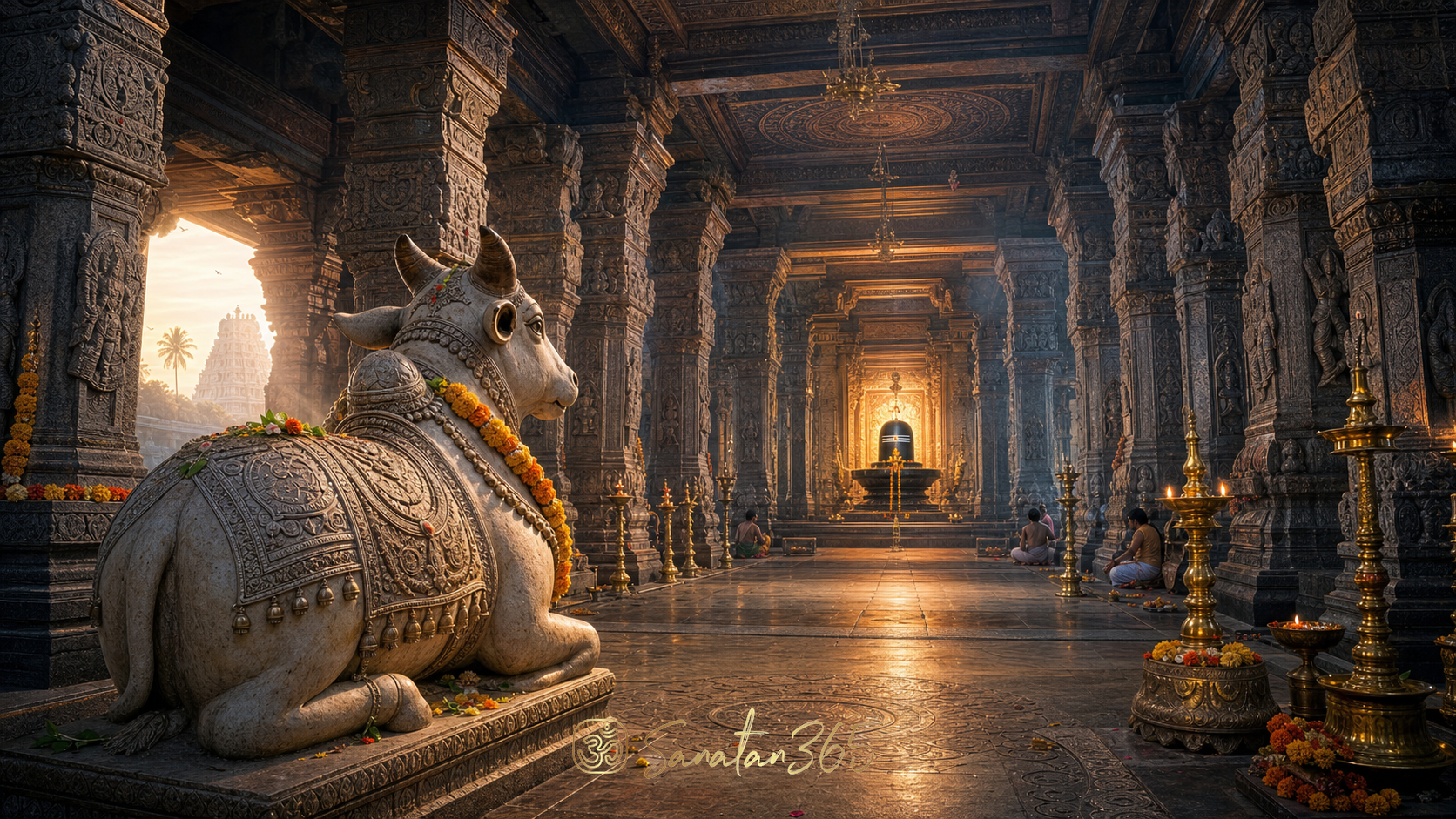 Sacred white Nandi bull facing a Shiva lingam through the carved halls of an ancient temple at dawn