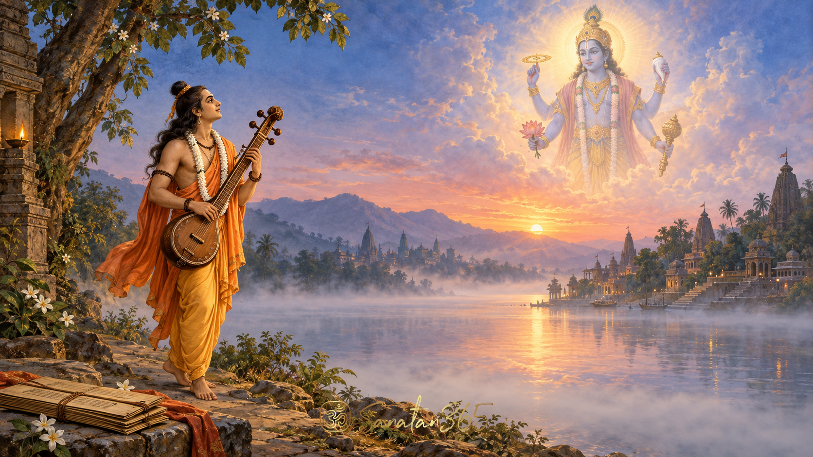 Painterly illustration of Narada with a veena beside a river, a manuscript nearby and a distant radiant Vishnu presence.