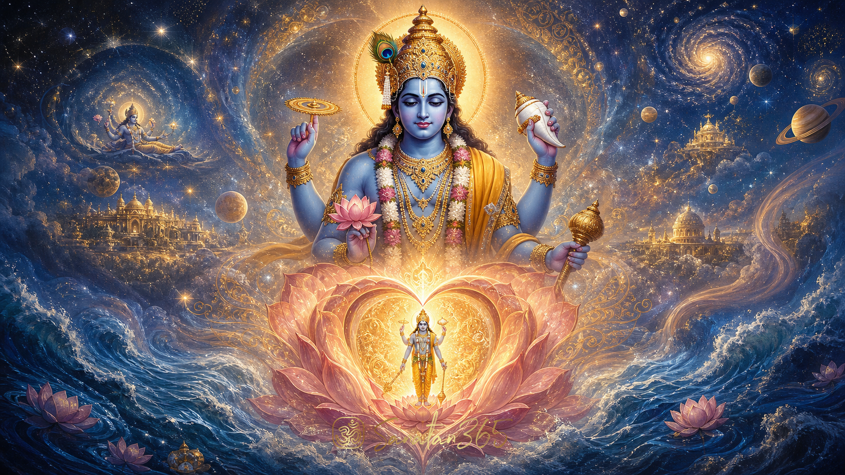 Painterly vision of Lord Vishnu as Narayana within a radiant heart-lotus and the surrounding cosmos