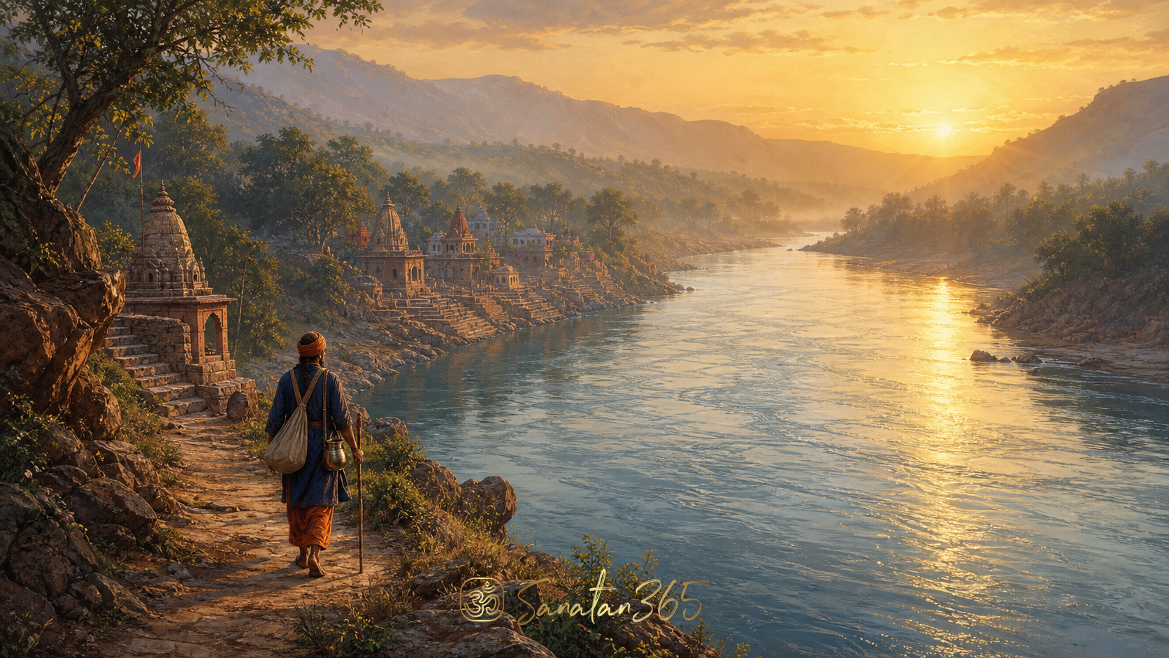 A pilgrim walking beside the Narmada River through a vast sacred landscape at dawn