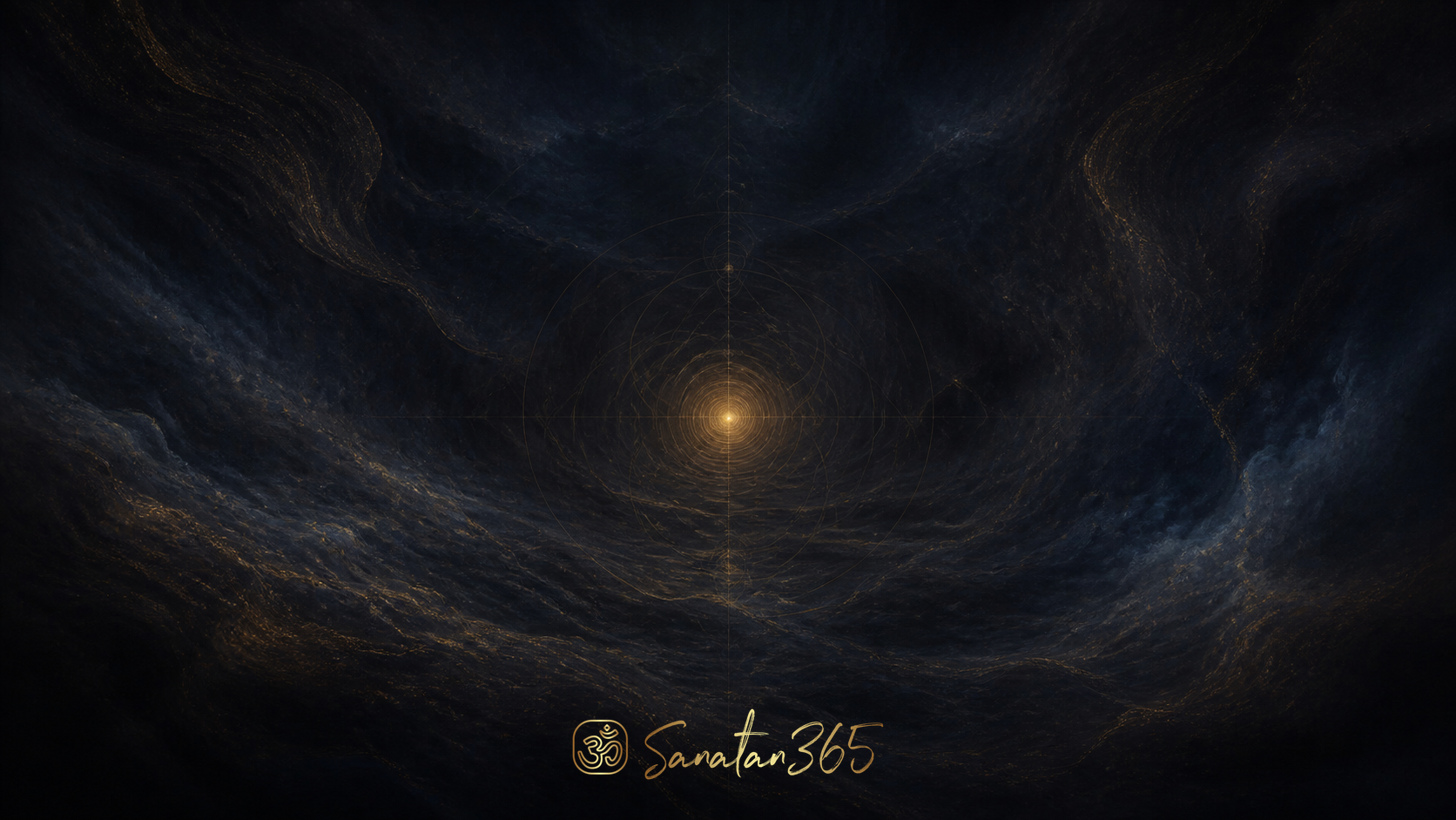 Painterly cosmic darkness with a subtle golden pulse symbolising inquiry in the Nasadiya Sukta