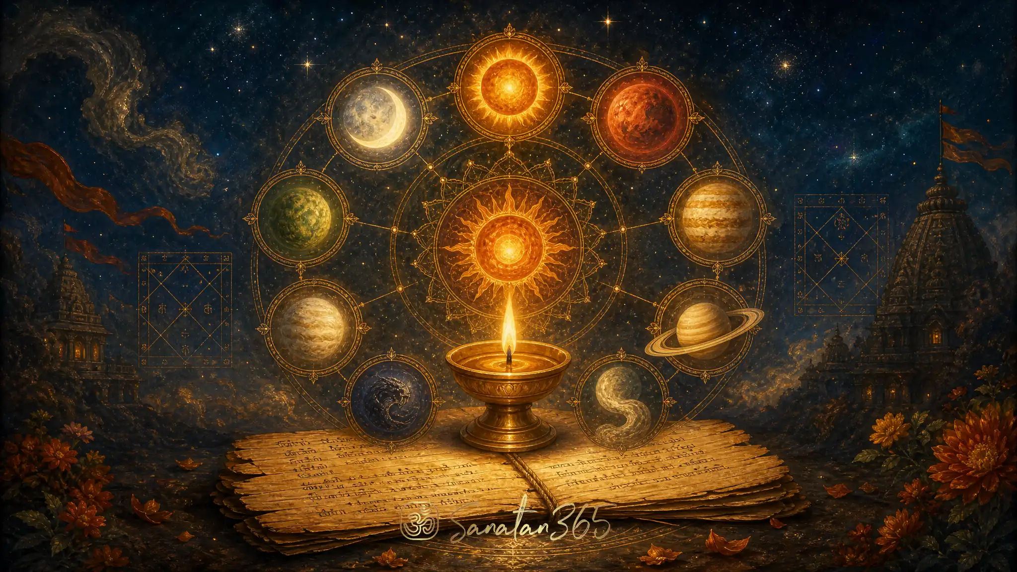 Navagraha mandala with nine celestial symbols over a traditional Hindu astrology chart