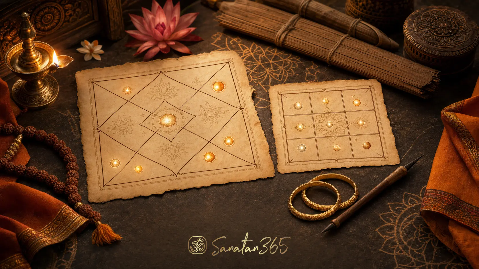 A devotional editorial illustration of a Kundali birth chart and D9 Navamsa chart on a traditional Vedic astrology desk
