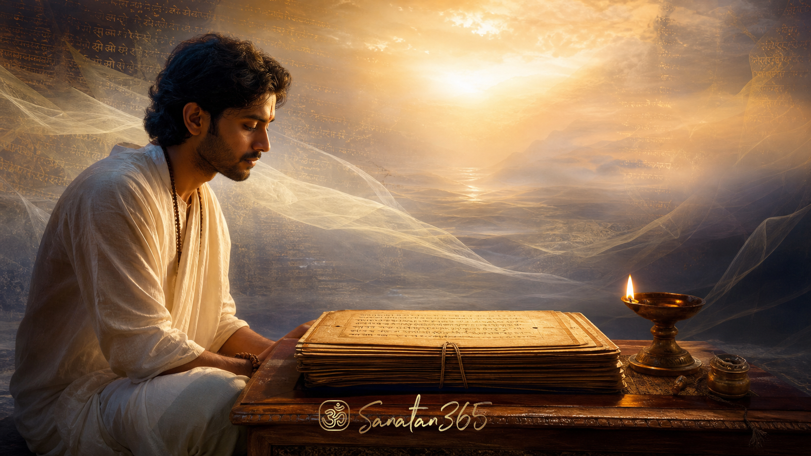 A seeker studying an Upanishad manuscript beside a brass lamp, symbolizing Neti Neti and inner inquiry.