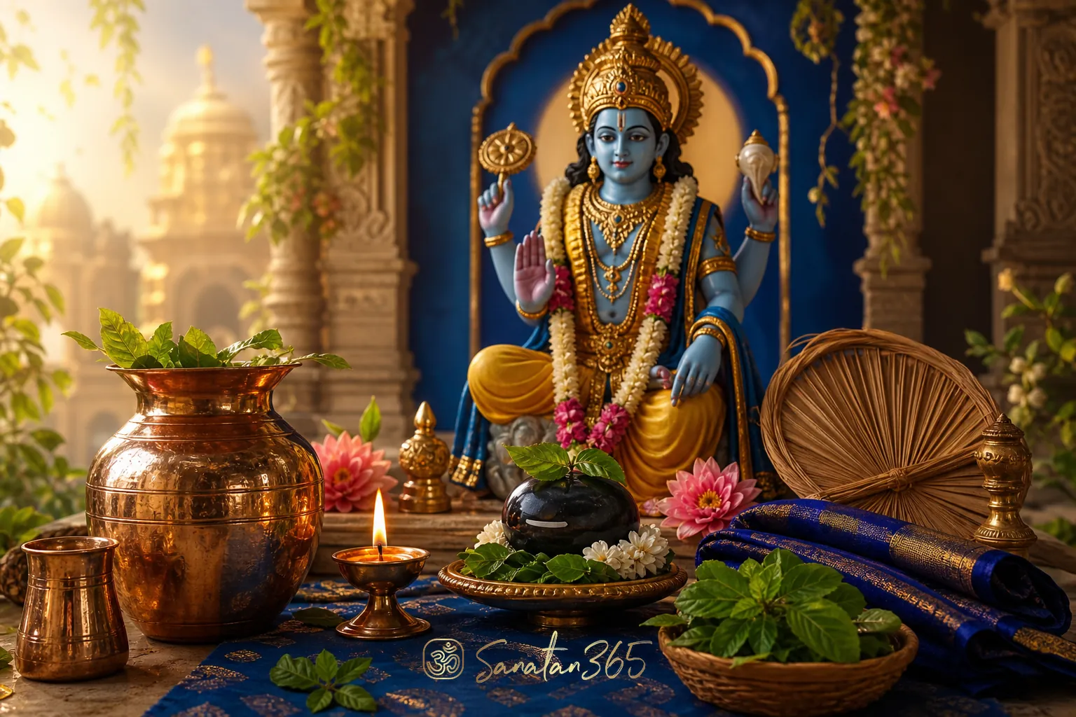 A serene Vishnu puja altar with water kalash, tulsi leaves, diya, and summer charity symbols for Nirjala Ekadashi 2026.