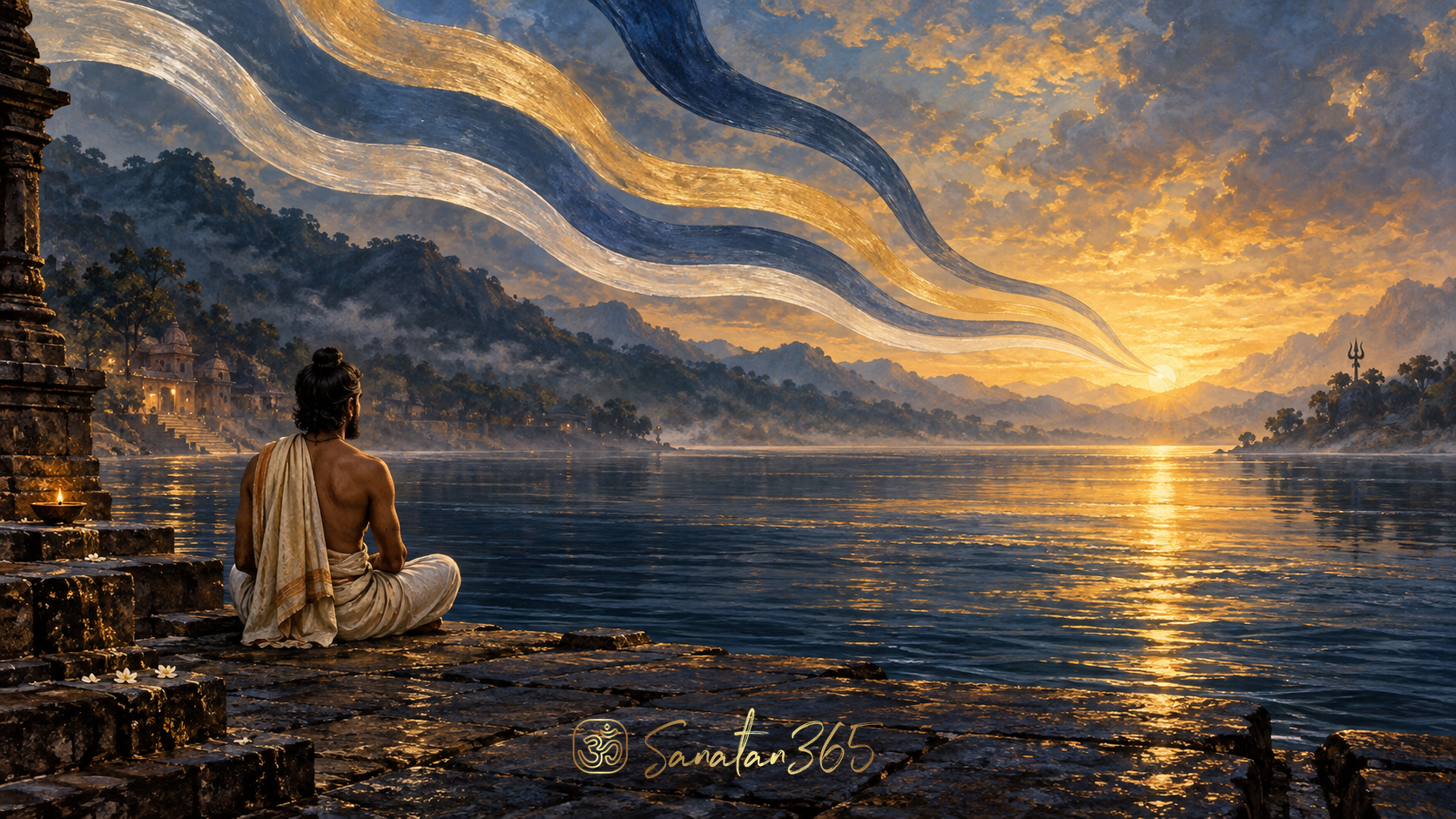 Painterly seeker beside a river as six luminous streams merge into a quiet horizon, illustrating Nirvana Shatakam self-inquiry.
