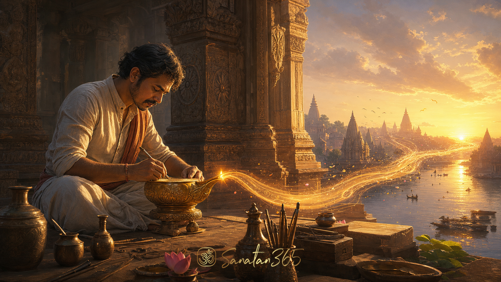 A devoted artisan works by dawn light as the completed offering flows into a luminous sacred horizon, symbolising Nishkama Karma.