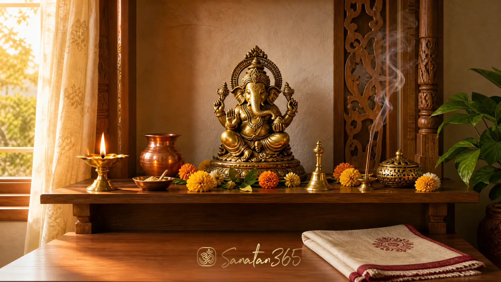 A dawn Hindu home altar with Lord Ganesha murti, diya, flowers, bell, and copper vessel for nitya puja