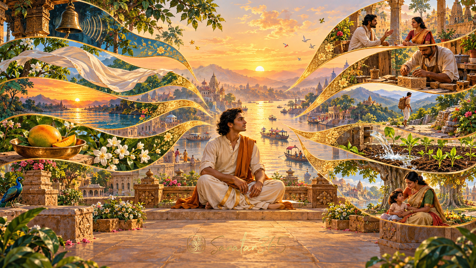 Painterly river landscape connecting five receptive and five active faculties through a contemplative human figure.